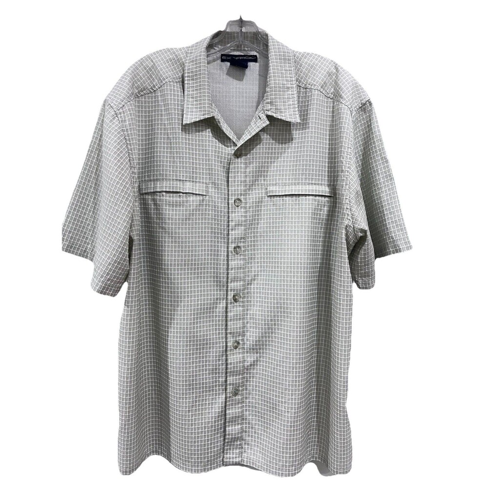 ExOfficio Men’s Vented SS Shirt XL Beige Blue Fishing Zip Pockets Button Down